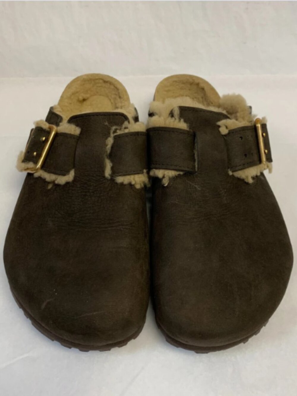 Birkenstock Boston Bold Shearling Espresso Natural Leather Narrow Width Sandals